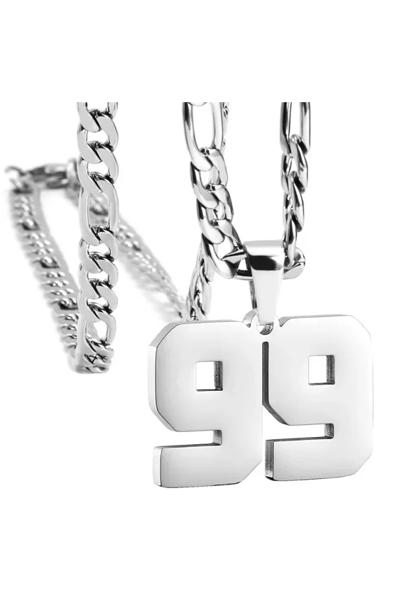 Men's Stainless Steel Athletes Number 00-99 Necklaces Sport Pendant Chain Baseball/Basketball/Football Team Inspiration Jewelry Silver Number 99