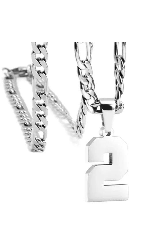 Men's Stainless Steel Athletes Number 00-99 Necklaces Sport Pendant Chain Baseball/Basketball/Football Team Inspiration Jewelry Silver Number 2