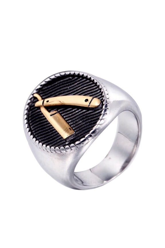 Men's Stainless Steel Barber Shop Decor Engraved Shaver Ring Chunky Statement Band Finger Biker Jewelry Gold Size 12