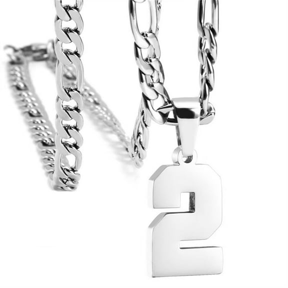 HIJONES Men's Stainless Steel Basketball Soccer Baseball Jersey Number Necklace Athlete Team Number Pendant With Chunky Chains Silver Number 2