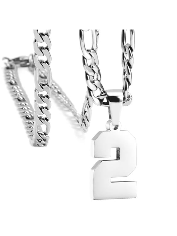 Men's Stainless Steel Basketball Soccer Baseball Jersey Number Necklace Athlete Team Number Pendant With Chunky Chains Silver Number 2