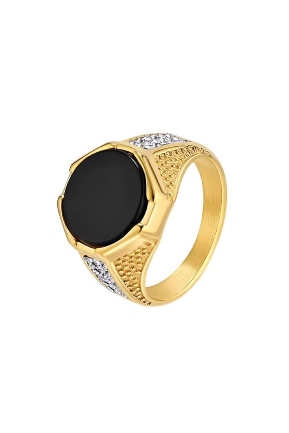 Men's Stainless Steel Big Round Black Stonestone Signet Rings Micro Pave CZ Crystal Inlaid Wedding Finger Band Gold Size 7