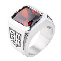 HIJONES Men's Stainless Steel Big Square Onyx Gemstone Signet Ring Sign Engraved Party Tumb Band Silver Red Stone Size 9