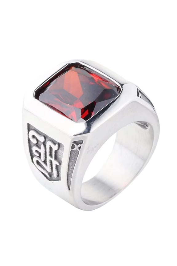 Men's Stainless Steel Big Square Onyx Gemstone Signet Ring Sign Engraved Party Tumb Band Silver Red Stone Size 9