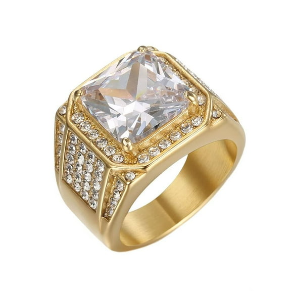 HIJONES Men's Stainless Steel Big Square White Crystal Stonestone Signet Rings Micro Pave CZ Inlaid Wedding Finger Band Gold Size 10
