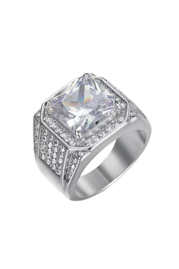 Men's Stainless Steel Big Square White Crystal Stonestone Signet Rings Micro Pave CZ Inlaid Wedding Finger Band Silver Size 11
