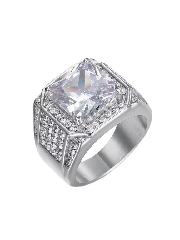 Men's Stainless Steel Big Square White Crystal Stonestone Signet Rings Micro Pave CZ Inlaid Wedding Finger Band Silver Size 12