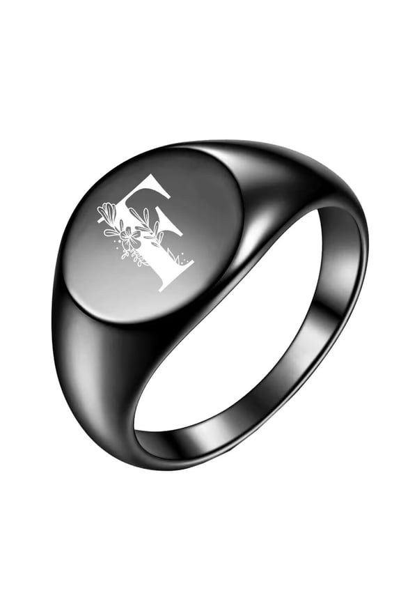 Men's Stainless Steel Black Alphabet Ring Wedding Band Ring Anniversary Birthday Jewelry Gift Letter F Size 4