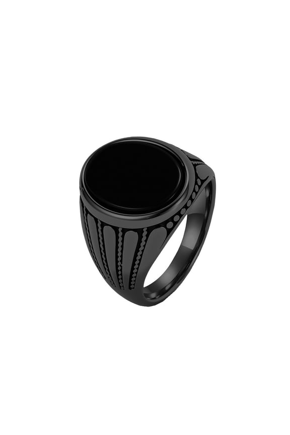 Men's Stainless Steel Black Onyx Engraved Statement Band Ticker Knuckle Wedding Ring Black Size 7