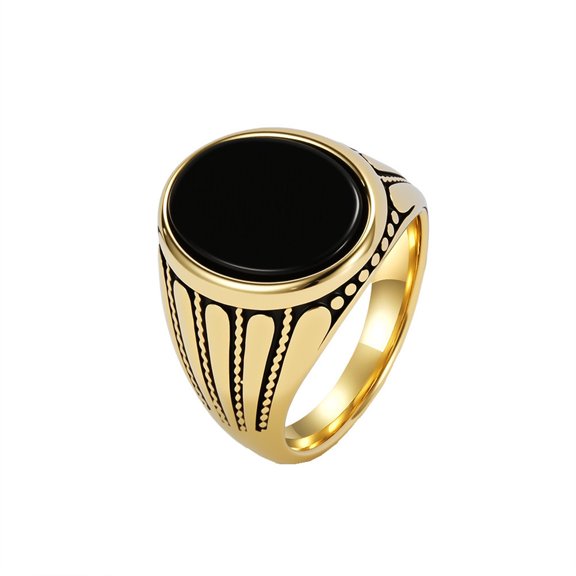 HIJONES Men's Stainless Steel Black Onyx Engraved Statement Band Ticker Knuckle Wedding Ring Gold Size 11