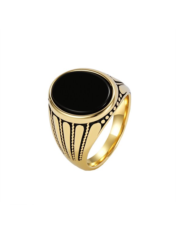 Men's Stainless Steel Black Onyx Engraved Statement Band Ticker Knuckle Wedding Ring Gold Size 13