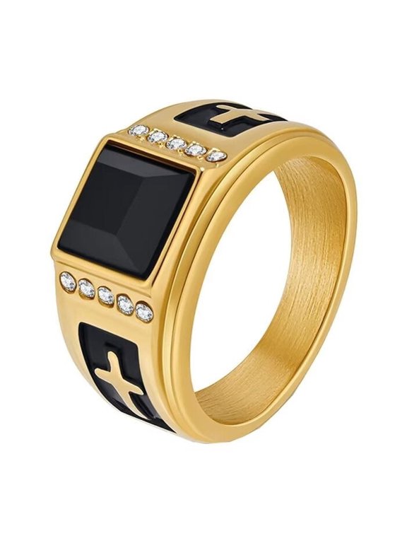 Men's Stainless Steel Black Square Gemstone Silver Zirconia Signet Ring Cross 12MM Band Gold Black Size 10