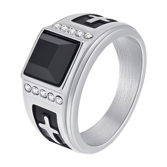 HIJONES Men's Stainless Steel Black Square Gemstone Silver Zirconia Signet Ring Cross 12MM Band Silver Black Size 10