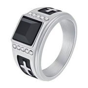 HIJONES Mens Stainless Steel Black Square Gemstone Silver Zirconia Signet Ring Cross 12MM Band Silver Black Size 7