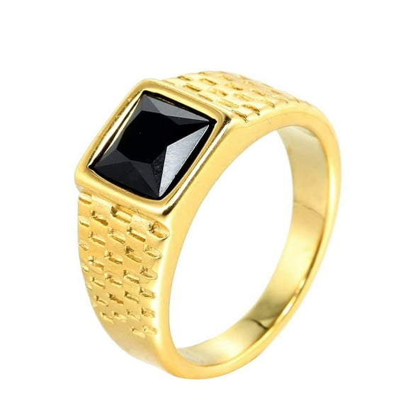 HIJONES Men's Stainless Steel Black Stone Ring Square Gemstone Pinky Finger Rings with Crystal Statement Jewelry Gold Plated Size 9
