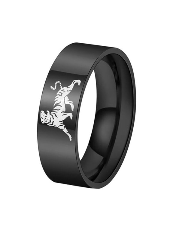 Men's Stainless Steel Black Tiger Signet Ring Simple Style 8MM Glossy Ring Band Black Size 11