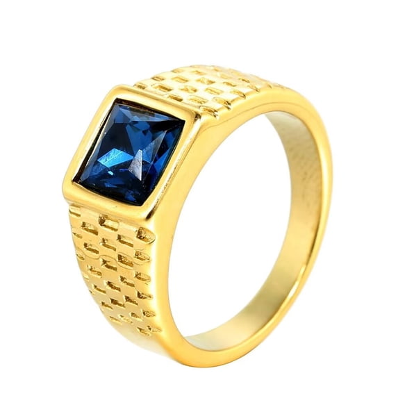 HIJONES Men's Stainless Steel Blue Stone Ring Square Gemstone Pinky Finger Rings with Crystal Statement Jewelry Gold Plated Size 8