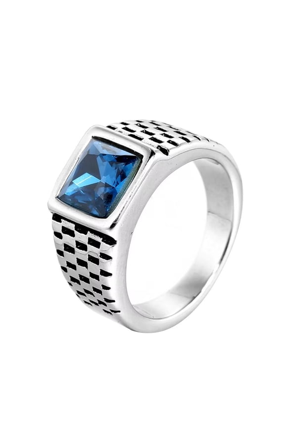 Men's Stainless Steel Blue Stone Ring Square Gemstone Pinky Finger Rings with Crystal Statement Jewelry Silver Size 9