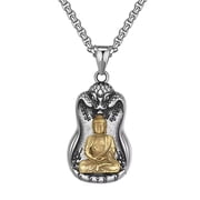 HIJONES Mens Stainless Steel Buddha Pendant Necklace Buddhist Amulet Patron Saint Jewelry Gold Silver Vairocana Buddha