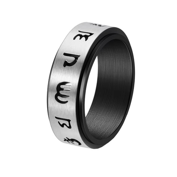 HIJONES Men's Stainless Steel Chinese 6 Words of Truth Hollow Turnable Ring 8MM Relieving Stress Anxiety Jewelry Black Size 8