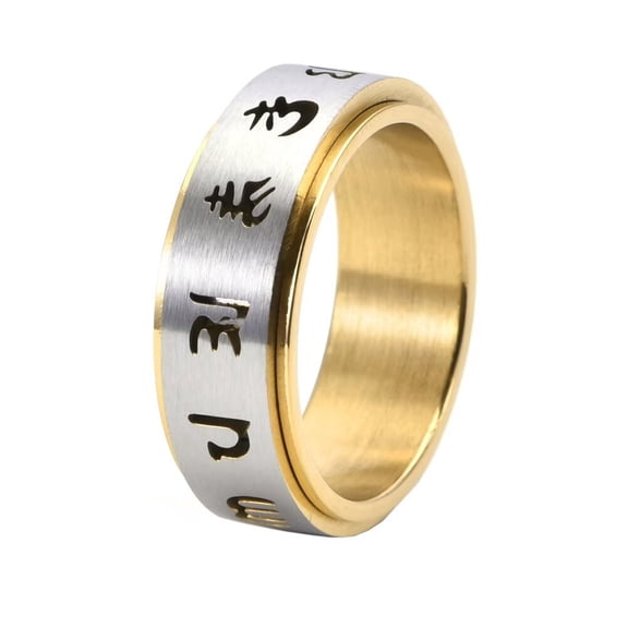HIJONES Men's Stainless Steel Chinese 6 Words of Truth Hollow Turnable Ring 8MM Relieving Stress Anxiety Jewelry Gold Size 11