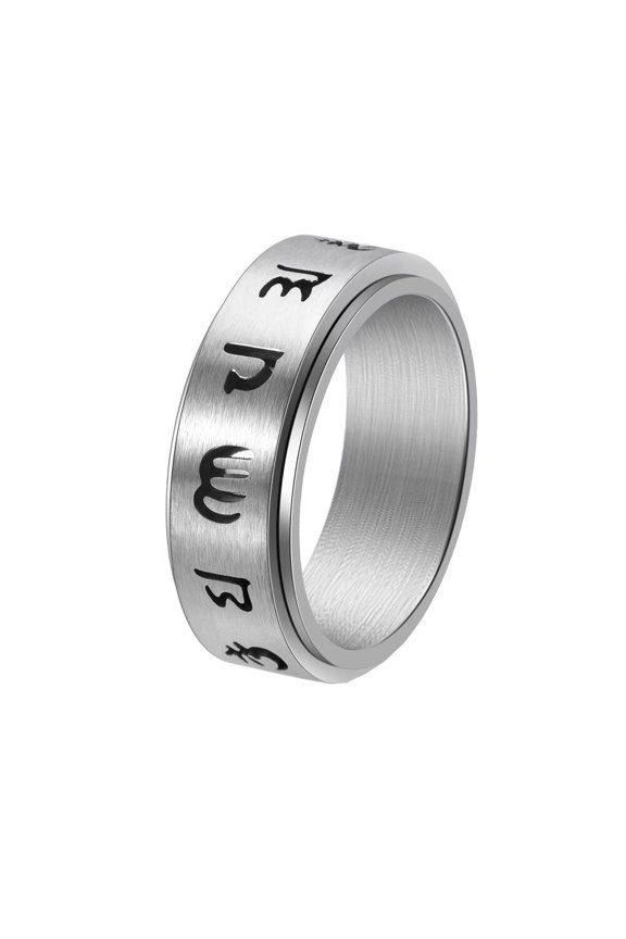 Men's Stainless Steel Chinese 6 Words of Truth Hollow Turnable Ring 8MM Relieving Stress Anxiety Jewelry Silver Size 10