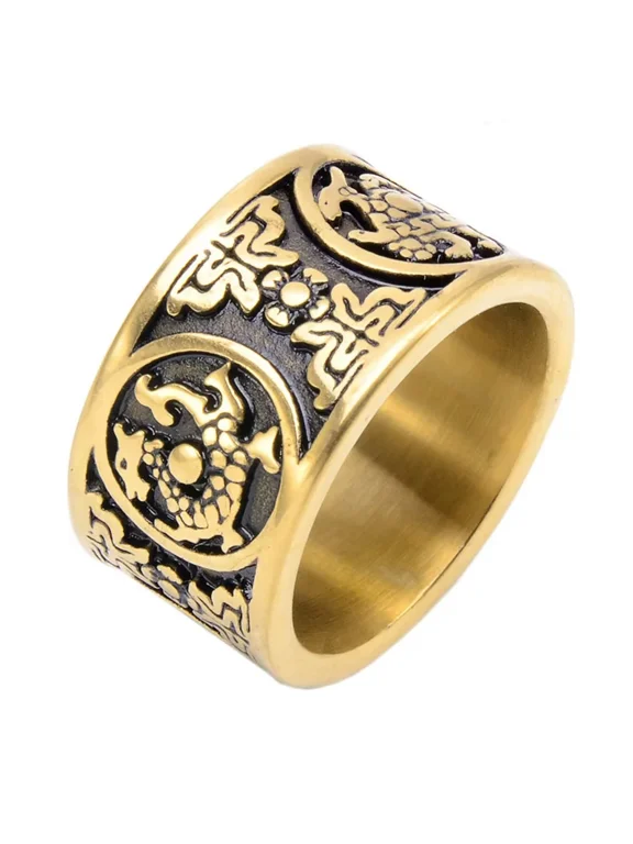 Men's Stainless Steel Chinese Legend Vintage Classic Engraved 4 Guardia Beasts Finger Ring Jewelry Gold Black Size 12