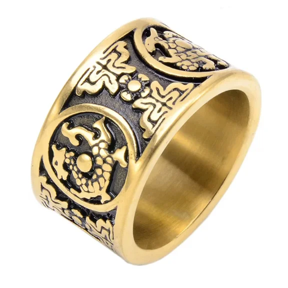 HIJONES Men's Stainless Steel Chinese Legend Engraved 4 Guardia Beasts Finger Ring Jewelry Gold Black Size 6