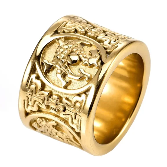 HIJONES Men's Stainless Steel Chinese Legend Vintage Classic Engraved 4 Guardia Beasts Finger Ring Jewelry Gold Size 11