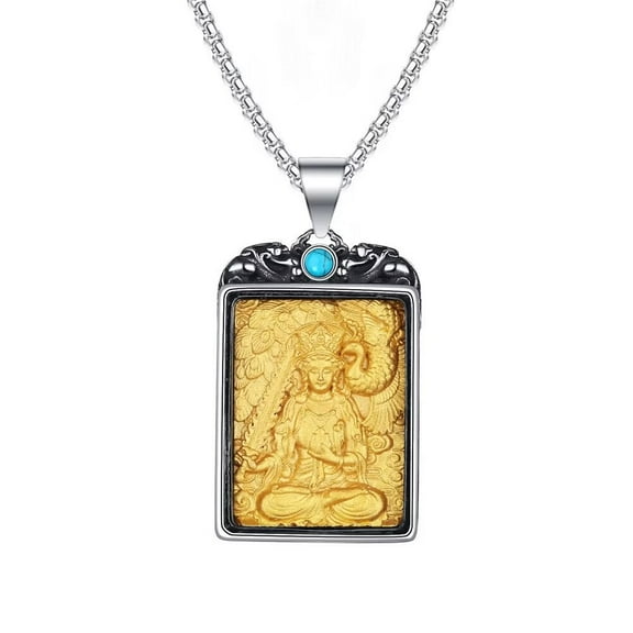 HIJONES Men's Stainless Steel Chinese Zodiac Buddha Pendant Necklace with Blue Gem Buddhist Amulet Patron Saint Jewelry with Chain Akashagarbh Buddha