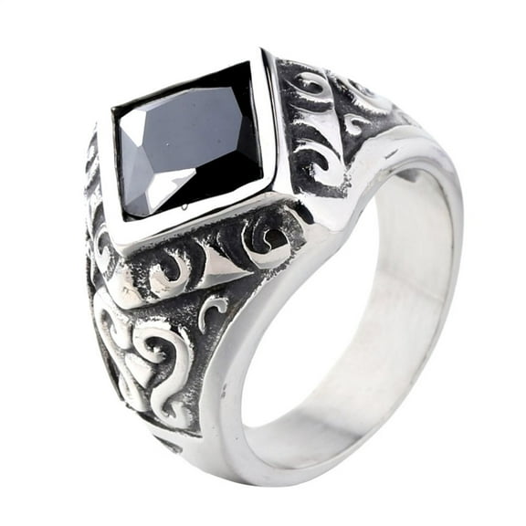 HIJONES Men's Stainless Steel Classic Gemstone Floral Engraved Ring Antique Silver CZ Crystal Wedding Biker Band Black Size 11