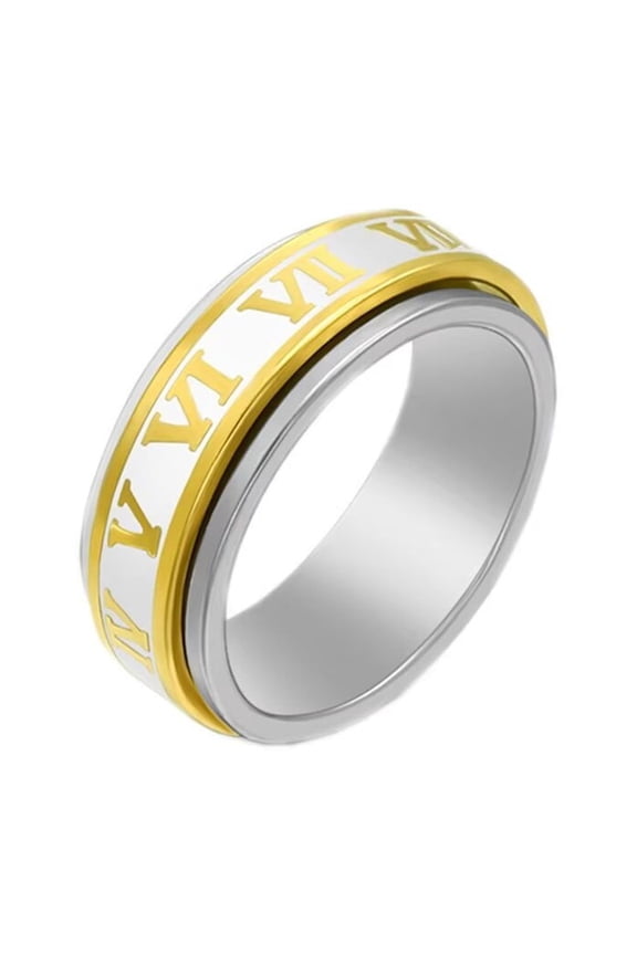 Men's Women's Stainless Steel Anxiety Rotatable Roman Numberal Couple Wedding Ring Printed Index Finger Band Yellow Size 7
