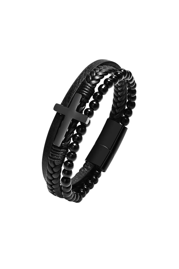 Men's Stainless Steel Cross CXHLn Black Onyx Leather Bracelet Hip-hop Jewelry Black