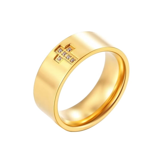 HIJONES Men's Stainless Steel Cubic Zirconia Cross Ring 8mm Wide Simple Engagement Wedding Band Gold Size 7