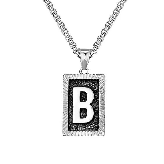 HIJONES Men's Stainless Steel Dainty Silver Square Cross Initials A-Z Alphabet Necklace Classic Trendy Sweater Chain Pendant Hip Hop Jewelry Gift Letter B