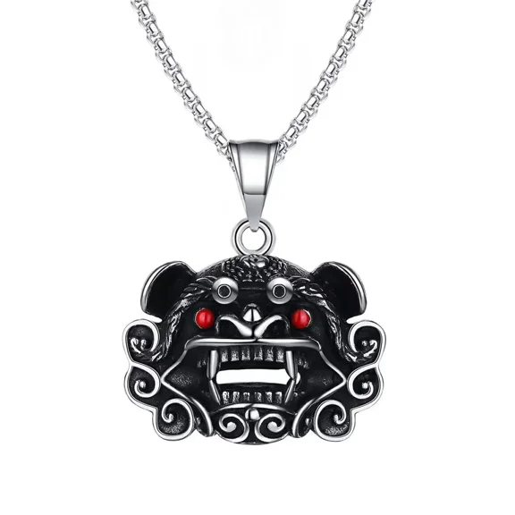 HIJONES Men's Stainless Steel Dainty Vintage Engraved Chinese Qilin Necklace Tiger Lion Guardia Beasts Amulet Good Luck Jewelry