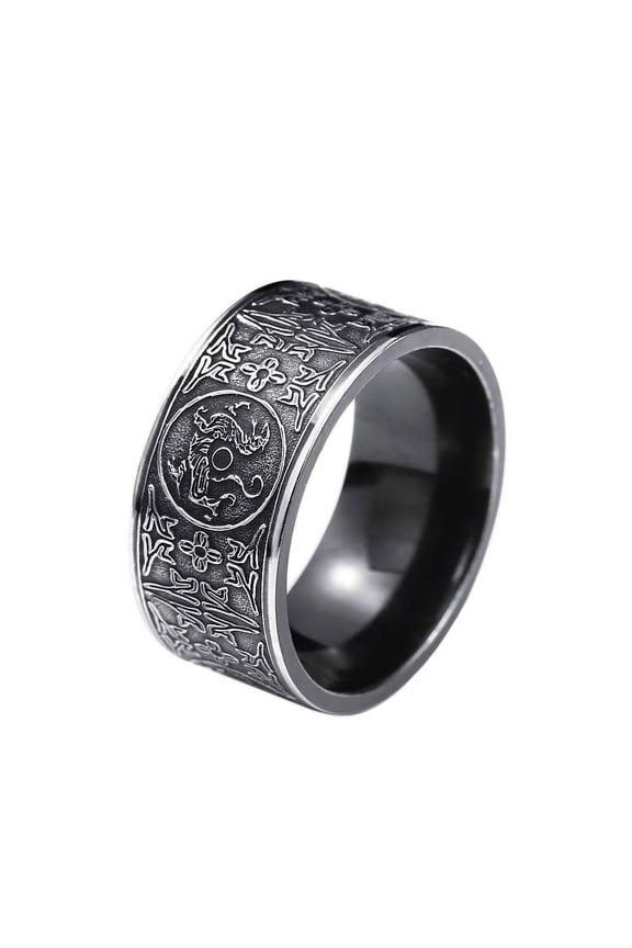 Men's Stainless Steel Dragon Ring Cool Ancient Guardian Beast Goth Rings Band White Tiger, Suzaku, Basalt Black Size 10