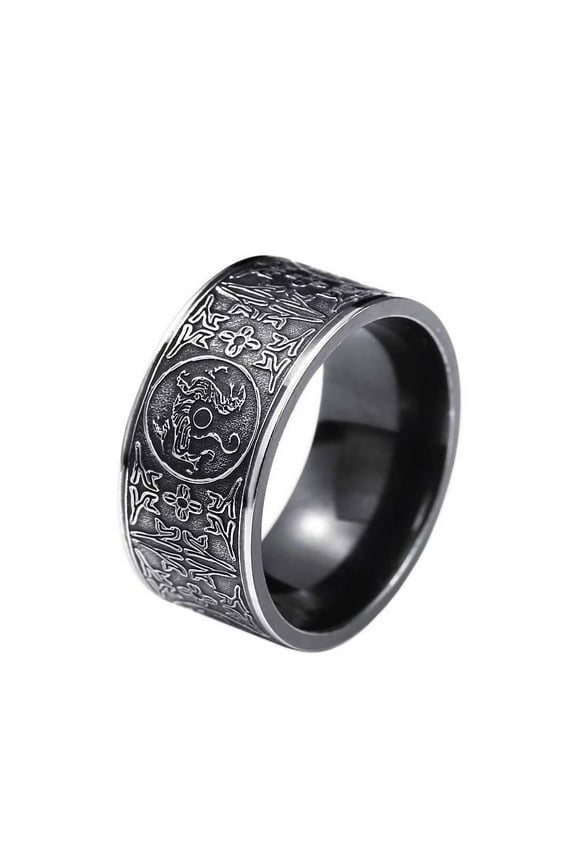 Men's Stainless Steel Dragon Ring Cool Ancient Guardian Beast Goth Rings Band White Tiger, Suzaku, Basalt Black Size 7