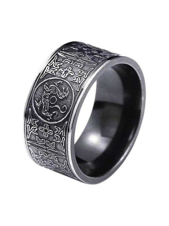 Men's Stainless Steel Dragon Ring Cool Ancient Guardian Beast Goth Rings Band White Tiger, Suzaku, Basalt Black Size 7