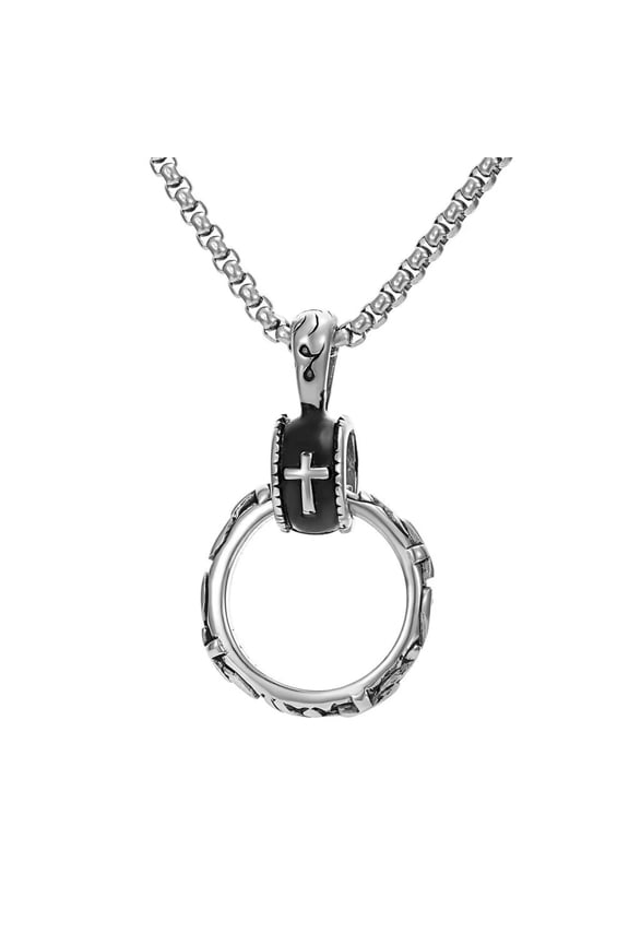 Men's Stainless Steel Eternal Cross Engraved Ring Pendant Necklace Charm Gothic Biker Necklace Silver