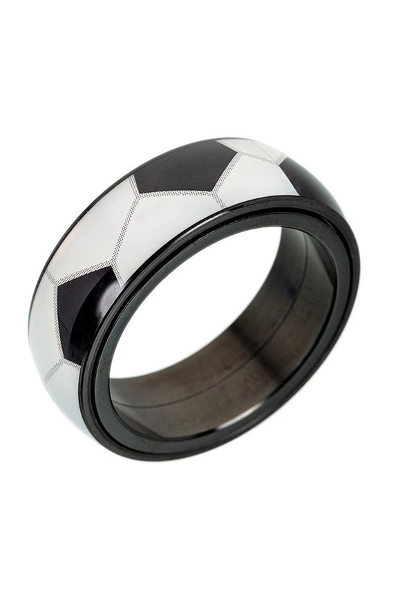 Men's Stainless Steel Fashion Sport White Football Pattern Anxiety Ring Spinner Cool Jewelry Black Size 7