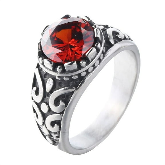 HIJONES Men's Stainless Steel Gemstone Studded Wedding Signet Ring Crystal Floral Engraved Engagement Band Red Size 10