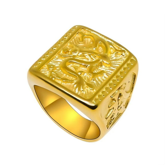 HIJONES Men's Stainless Steel Gold Engraved Chinese Dragon Ring Zodiac Guardian Beast Amulet Good Luck Jewelry Size 10