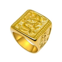 HIJONES Men's Stainless Steel Gold Engraved Chinese Dragon Ring Zodiac Guardian Beast Amulet Good Luck Jewelry Size 10