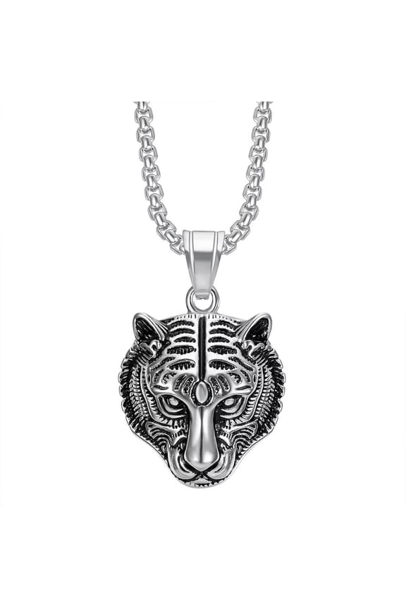Men's Stainless Steel Gothic Animal Tiger Head Pendant Biker Necklace with 60CM Chains Silver