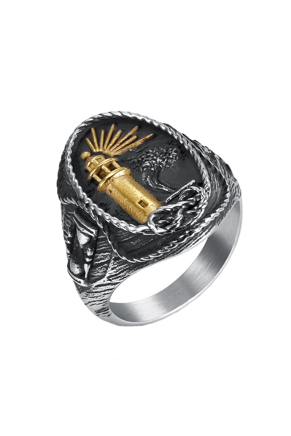 Men's Stainless Steel Gothic Lighthouse Signet Ring Rope Hourglass Engraved Engagement Wedding Band Gold Size 10