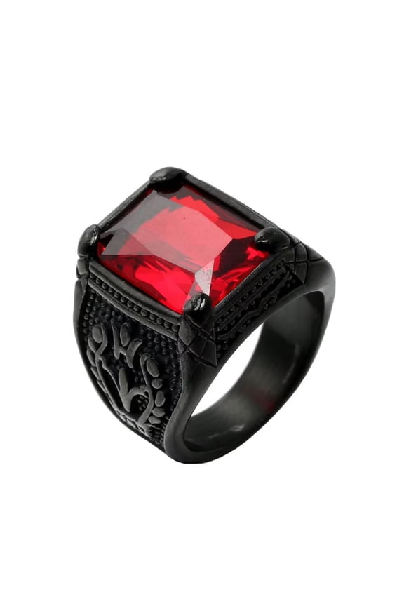 Men's Stainless Steel Gothic Multicoloured Crystal Gemstone Tulip Engraved Chunky Biker Ring Punk Finger Jewelry Black Red Stone Size 7