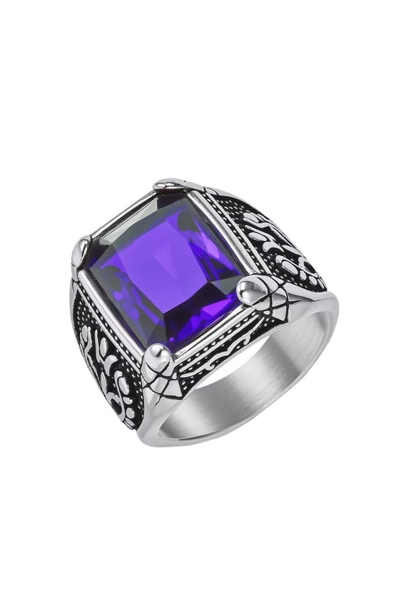 Men's Stainless Steel Gothic Multicoloured Crystal Gemstone Tulip Engraved Chunky Biker Ring Punk Finger Jewelry Silver Purple Stone Size 11