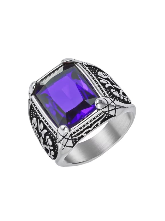 Men's Stainless Steel Gothic Multicoloured Crystal Gemstone Tulip Engraved Chunky Biker Ring Punk Finger Jewelry Silver Purple Stone Size 7