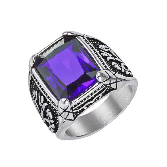HIJONES Men's Stainless Steel Gothic Multicoloured Crystal Gemstone Tulip Engraved Chunky Biker Ring Punk Finger Jewelry Silver Purple Stone Size 8